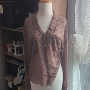 Free People Brown and Pink Polka Dot Blouse